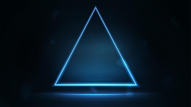 neon triangular frame on dark background. blue digital hologram neon triangle border with copy space in dark room.