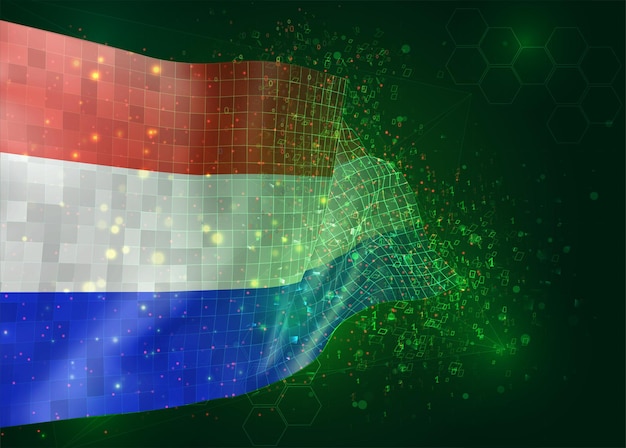 netherlands, on vector 3d flag on green background with polygons and data numbers
