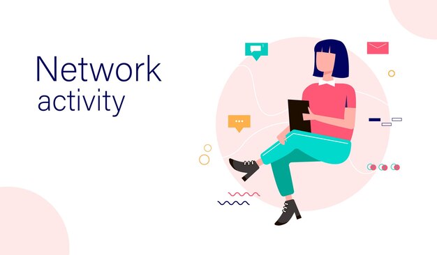 Network activity landing page template Woman with smartphones and social media icons Vector