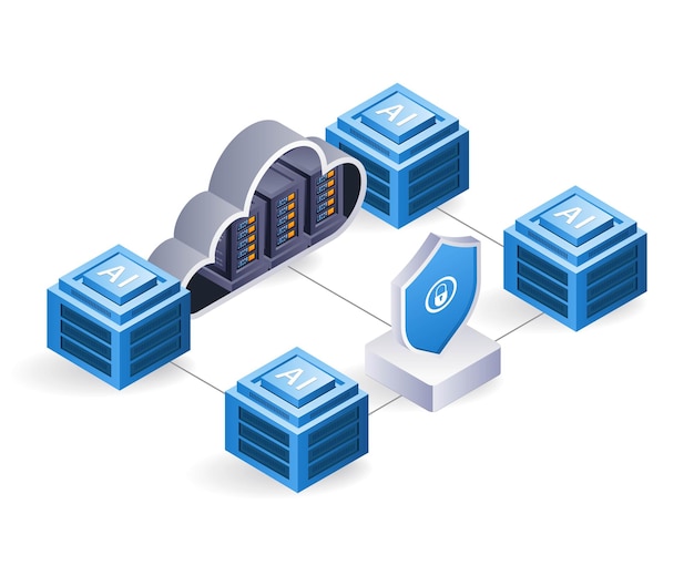 Network AI cloud server technology system infographic 3d illustration flat isometric