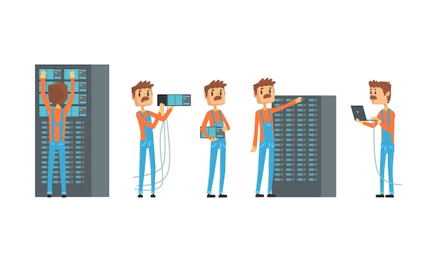 Network Engineer Working in Data Center Set Computer Technician or System Administrator Involved in Maintenance of System Modules Networking Service Vector Illustration