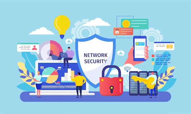 Network security , cartoon tiny networked people working on smartphone or laptop, safe data backup system technology