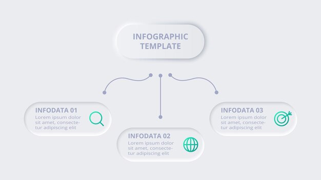 Neumorfisk flowdiagram infografik Kreativt koncept for infografik med 3 trinmuligheder, dele eller processer