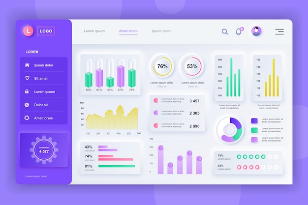 Neumorphic dashboard UI kit. Admin panel template with infographic elements, HUD diagram, info graphics. Website dashboard for UI and UX design web page. Neumorphism style.