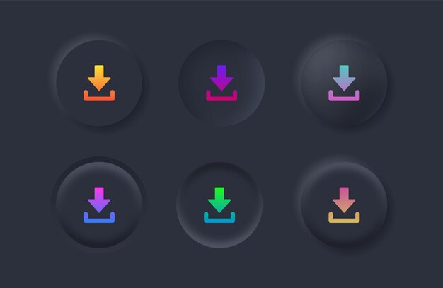 Neumorphism download icon save file symbol with gradient colors in black neumorphic buttons