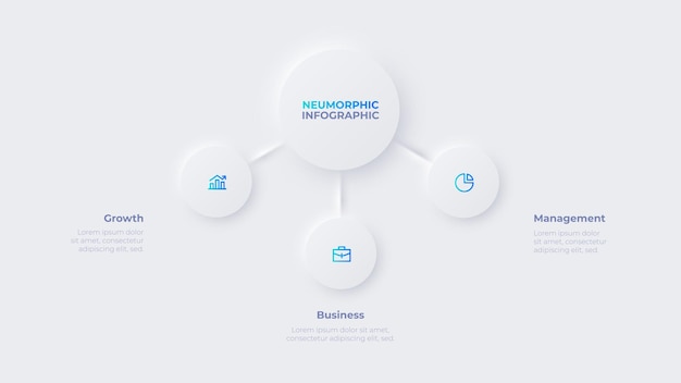 Neumorphism flow chart infographic slide Concept of business project visualization with 3 options