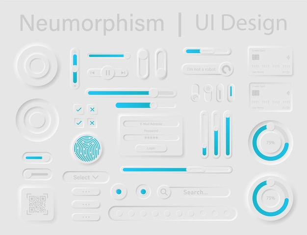 Neumorphism User interface design kit. Neumorphism UI UX icons set. User interface elements for apps. Neumorphic buttons collection. Vector graphic. EPS 10