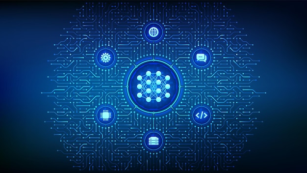Neural network icon made with binary code AI Artificial Intelligence Machine Learning Big data analysis technology Background with circuit board connections and tech icons Vector Illustration