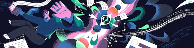 Neuron network concept AI technology Machine learning engineering tech big data analytics process Stream of information Abstract background of artificial intelligence Flat vector illustration