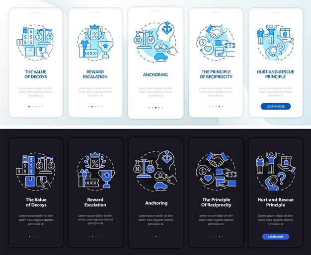 Neuroscience principles onboarding mobile app page screen. Decoy effect walkthrough 5 steps graphic instructions with concepts. UI, UX, GUI vector template with linear night and day mode illustrations