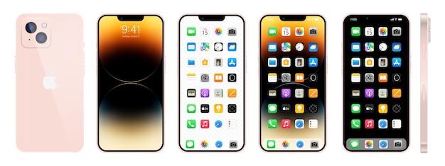 New pink Iphone 14 Apple inc smartphone with ios 14 Locked screen phone navigation page home page with 47 popular apps Vector illustration EPS10 Editorial