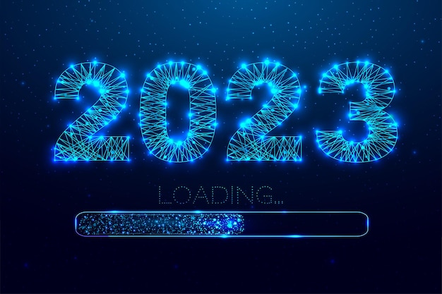 New year 2023 loading Loading bar Low poly style design Numbers from a polygonal wireframe mesh xAAbstract vector illustration on dark background
