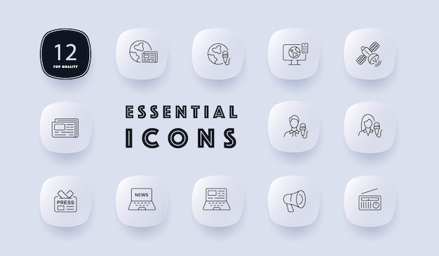 News icon set News media journalism reporting and broadcasting News outlet current events Information concept Neomorphism style Vector line icon for Business and Advertising