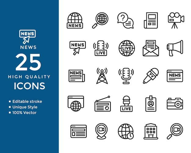 News Line Icons Editable Vector Set of Newspaper Article Media and Reporter Symbols