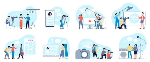 News media bloggers writing posts doing news with smartphones and cameras Flat cartoon journalists reporters tv show interview recent vector scenes
