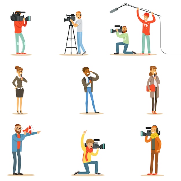 news program crew of professional cameramen and journalists creating tv broadcast