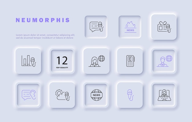 News set line icon Reporter microphone weather forecast economy elections finance chart Neomorphism style Vector line icon for business and advertising