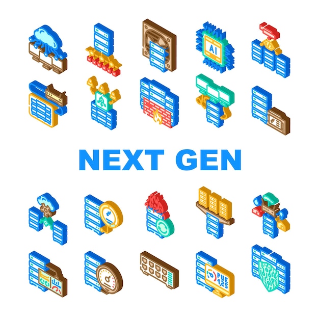 next gen data center virtual icons set vector