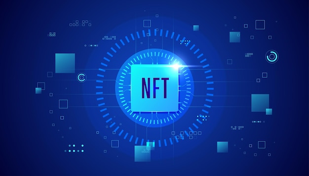 NFT non fungible token on dark blue banner. Pay for unique collectibles in games or art. Simple futuristic modern geometric connection line background.