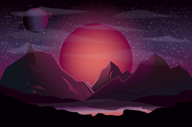 Night alien space landscape with mountains and moon Vector illustration Starry sky