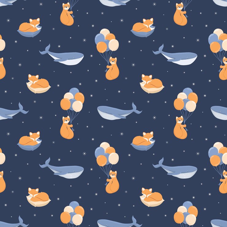 Night childish seamless pattern with cute cartoon animals