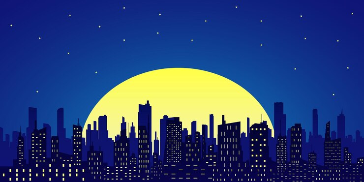 Night City with Skyscrapers against Starry Sky with Full moon