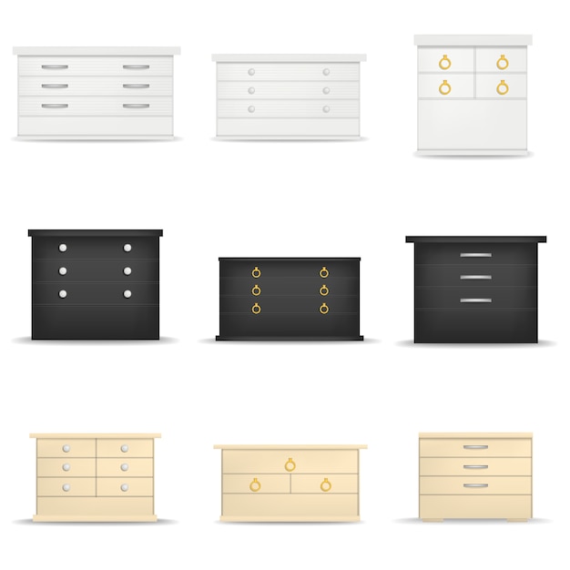 Nightstand bedside table mockup set. Realistic illustration of 9 nightstand bedside table mockups for web