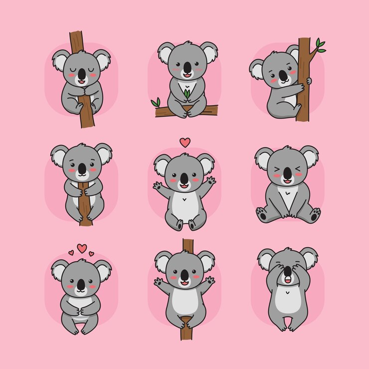 Vektör nine cute cartoon koalas in playful poses