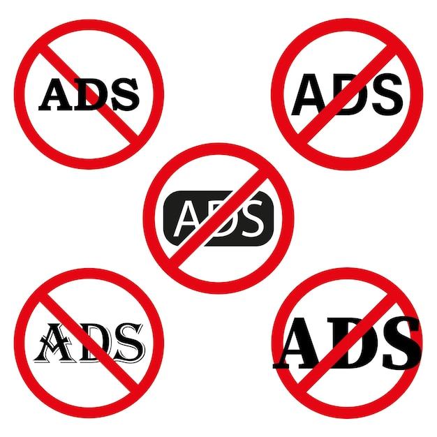 No ads symbols Red prohibition circles Various styles Vector illustration