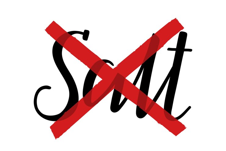 Vektör no salt the word salt is handwritten and crossed out with red lines handletterin food label
