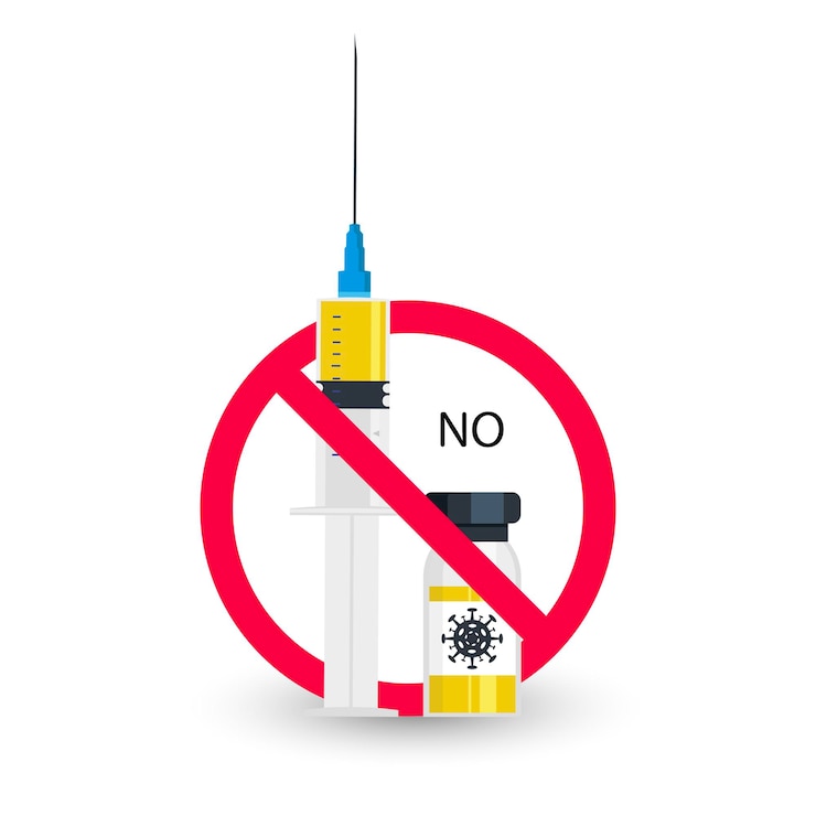 Vektör no vaccine in the crossed out red circle syringe. medical syringe in red crossed out circle. vector illustration of a syringe and coronavirus vaccine with a red crossed out circle. no vaccination sign