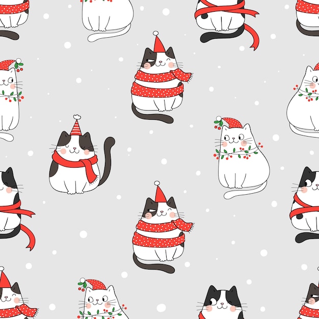 Noel ve kış için karda kedi çizimi dikişsiz desen