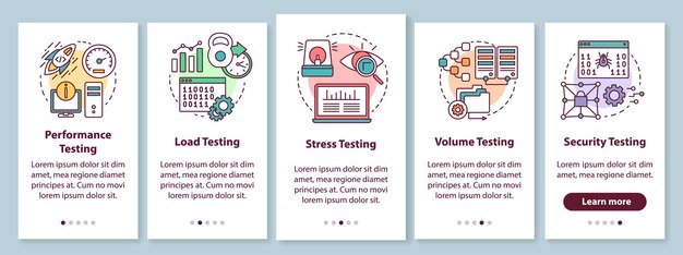 Non-functional software testing onboarding mobile app page screen with linear concepts. Program quality analysis walkthrough steps graphic instructions. UX, UI, GUI vector template with illustrations