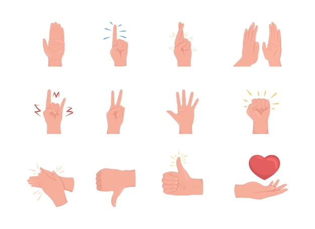 Non verbal communication semi flat color vector hand gesture set