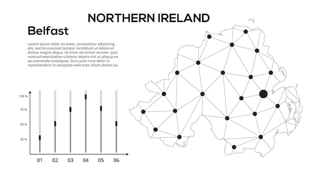 Northern Ireland communication network map Vector image of a low poly global map with city lights Map in the form of lines and dots