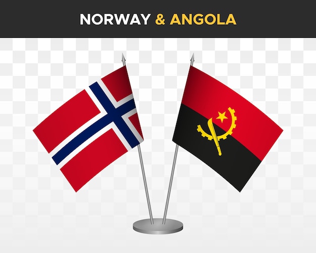 Norveç - Angola masa bayrakları mockup izole 3d vektör çizimi Norveç masa bayrağı