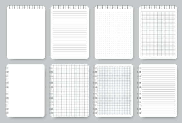 Notebook page set, notepad lined and dots paper. Blank realistic spiral notebooks isolated