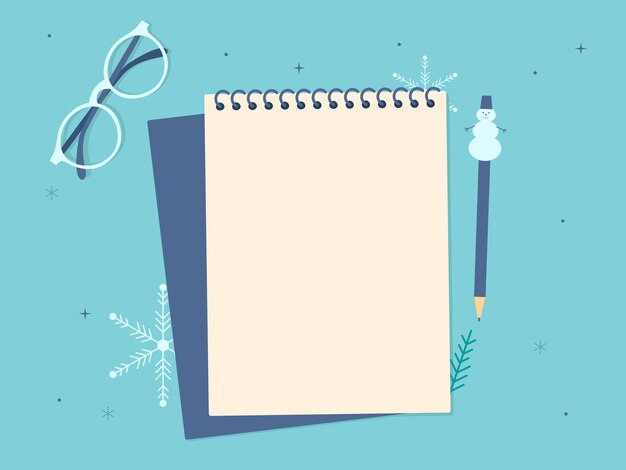 notepad with pen and copy space top view vector winter background with snowflakes