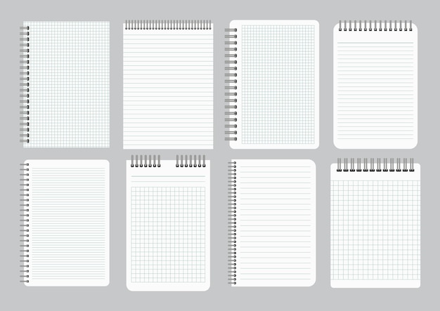 Notepads with empty lined and checkered paper with binder iron spiral. Set of eight notebooks sheets. Vector illustration