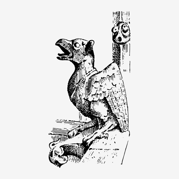 NotreDame de Paris'in Gargoyle Chimera'sı gotik koruyucularla elle çizilmiş vektör illüstrasyonunu içerir, mimari öğeler vintage heykel ortaçağ içerir