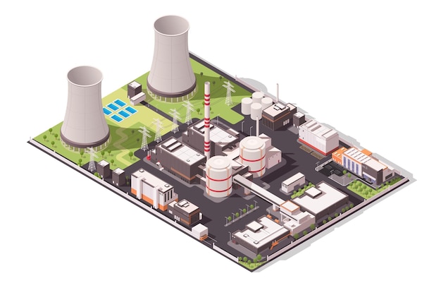 Nuclear power plant Electricity factory energy reactor Atom splitting Environment pollution urban architecture Radioactive place Industrial technology Isometric vector illustration