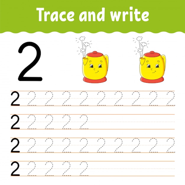 number 2. trace and write. handwriting practice. learning numbers for kids. education developing worksheet.