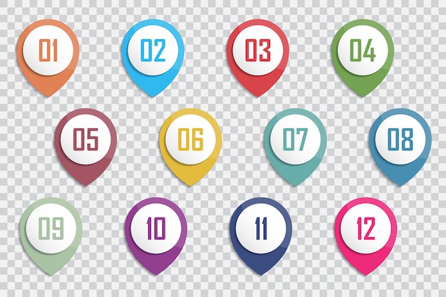Number Bullet Point Colorful 3d Markers 1 to 12 Vector
