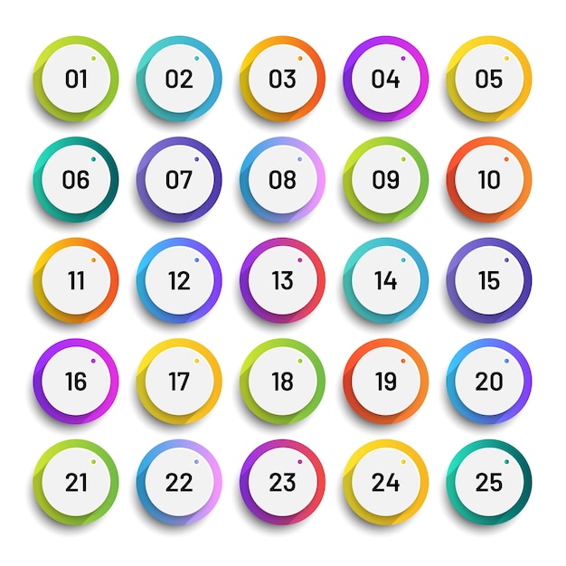 Number bullet points 1 to 25 Trendy gradient markers vector set
