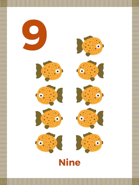 Number flashcard nine for preschool learning English math for kids Vector illustration