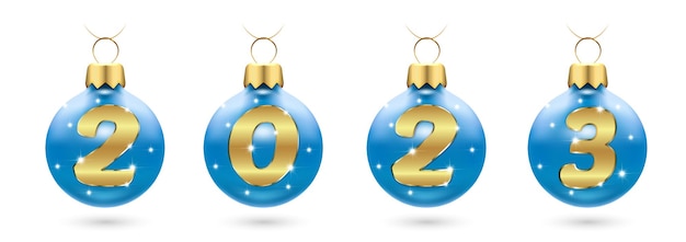 numbers 2023 from golden confetti in new year's red balls, christmas tree decorations