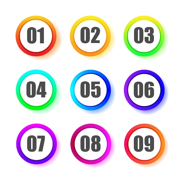 Numbers in colorful gradient round frames Vector set of rings neon gradient