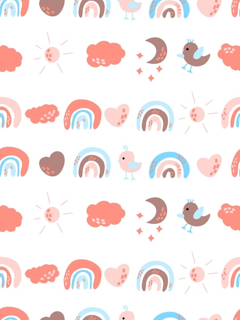 Nursery bird seamless pattern Boho rainbow and cute animal Abstract rainbow and clouds Poster
