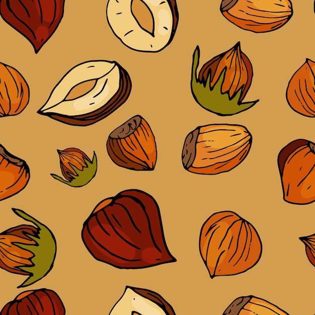 Nuts seamless pattern Hazelnuts on a delicate beige background Hand drawn nuts