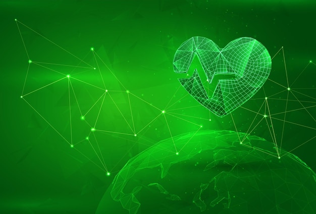 Object over a polygonal planet on a green background global data calculation